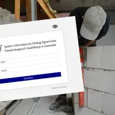System informatyczny do sprawdzania wyników egzaminów zawodowych. Budowlaniec w tle.