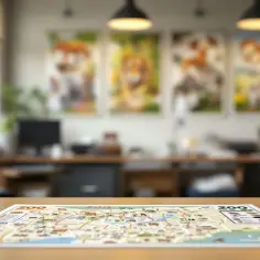 Mapa zoo na biurku, za nią plakaty zwierząt i biuro. Zastanawiasz się, ile zarabia się w zoo?