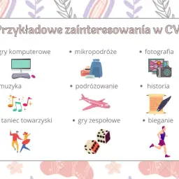 Przykładowe zainteresowania w CV: gry komputerowe, mikropodróże, fotografia, muzyka, podróżowanie, historia, taniec towarzyski, gry zespołowe, bieganie.