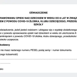 Oświadczenie o sprawowaniu opieki nad dzieckiem do 8 lat w związku z zamknięciem placówki z powodu COVID-19. Wniosek o zasiłek opiekuńczy.