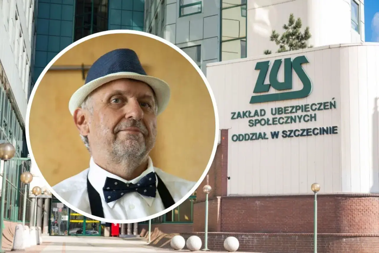 Mężczyzna w kapeluszu i muszce przed budynkiem ZUS w Szczecinie. Dowiedz się, kiedy kierowca zawodowy może przejść na emeryturę.