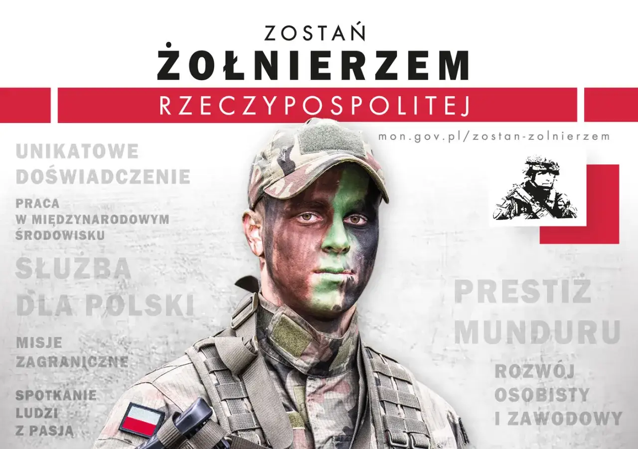 Młody żołnierz z kamuflażem na twarzy zachęca do wstąpienia do wojska. Czy po zawodówce można iść do wojska? Tak, to szansa na służbę, rozwój i prestiż.