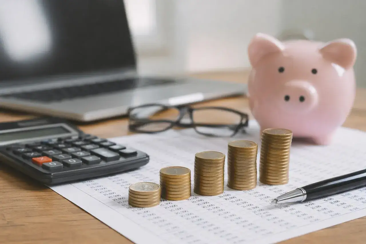 Kalkulator, stosy monet i świnka skarbonka na biurku sugerują analizę finansową. Ile wynosi ZUS za pracownika na pół etatu?