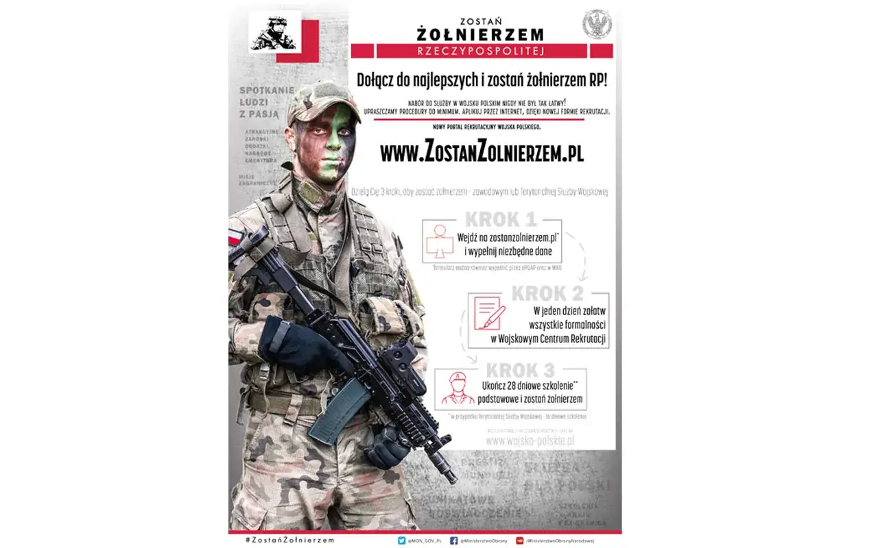 Żołnierz z kamuflażem na twarzy i karabinem w ręku. Plakat informuje, że czy po zawodówce można iść do wojska, zachęcając do rekrutacji.