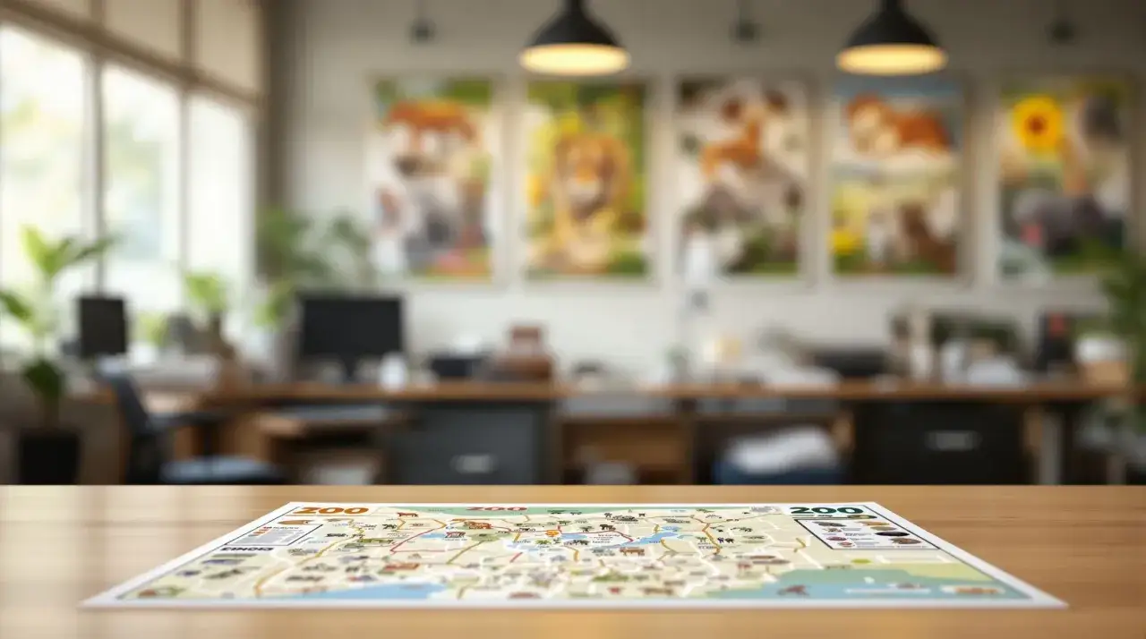 Mapa zoo na biurku, za nią plakaty zwierząt i biuro. Zastanawiasz się, ile zarabia się w zoo?