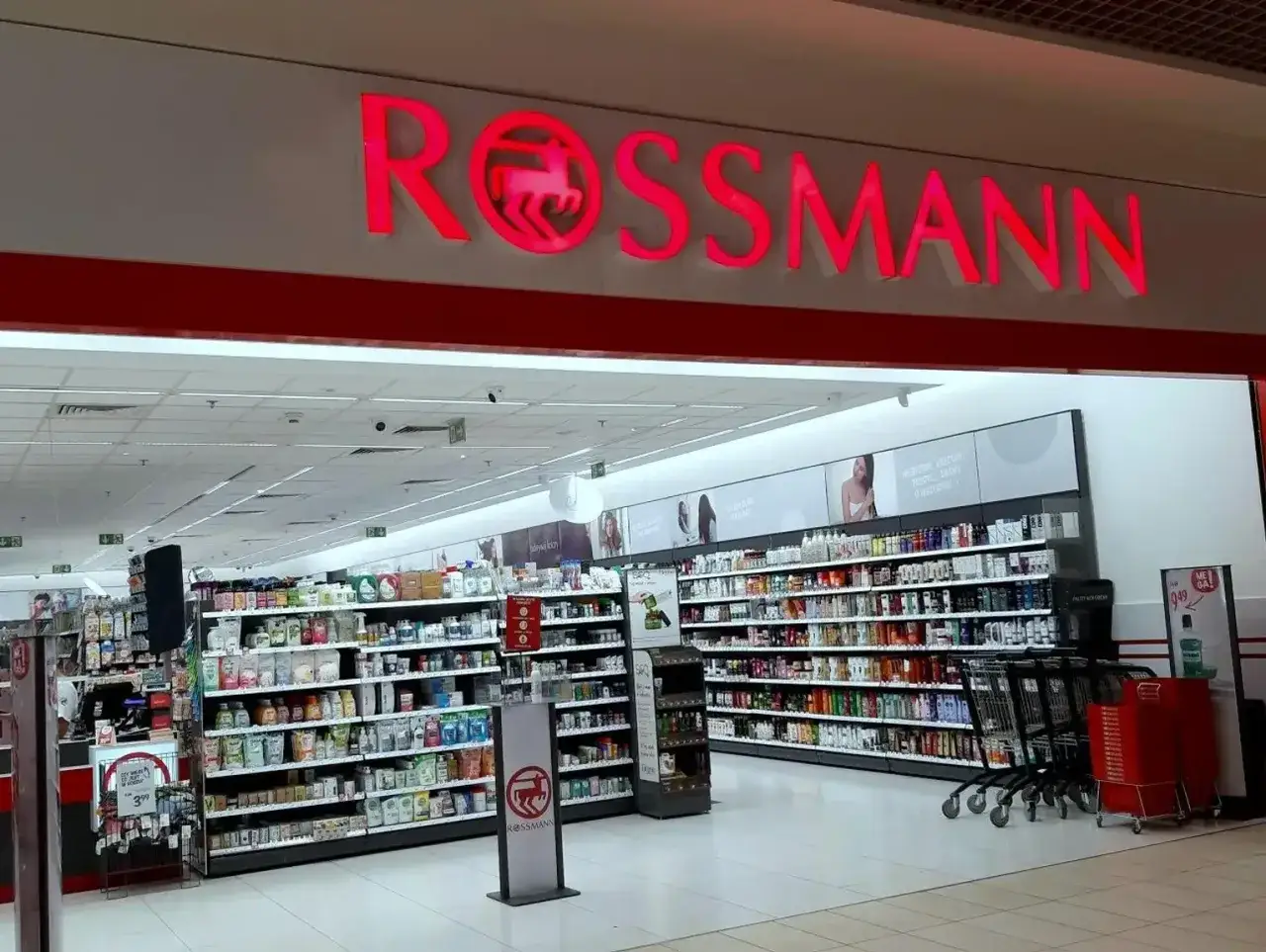 Wejście do drogerii Rossmann, gdzie pracownik dba o porządek na półkach. Zastanawiasz się, ile zarabia pracownik Rossmanna?